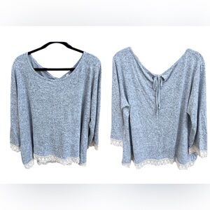 Forgotten Grace Heather Grey Embroidered Lace Trim Lightweight Sweater 1X